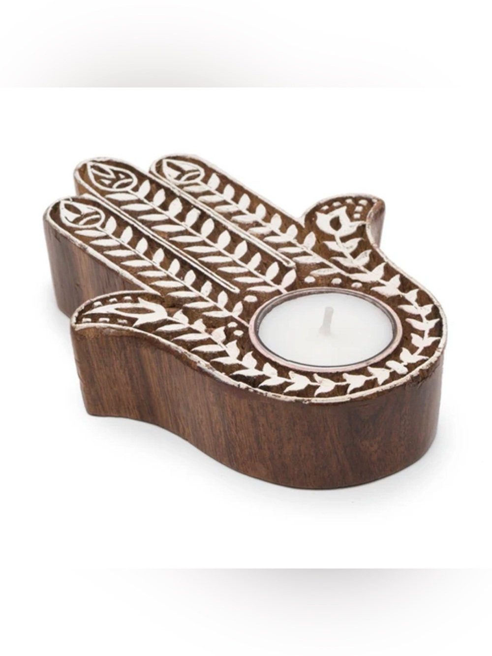 NEW Fairtrade Hand Carved Wooden Hamsa Tea Light Holder MSRP $36
